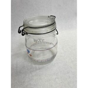 Vintage Arc France Glass Canister Country Goose Hearts Wire Bail Lid Jar 315